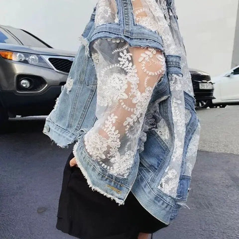Chic Flowers Embroidery Lace Spliced Loose Denim Coat - American Thistle Chic Flowers Embroidery Lace Spliced Loose Denim Coat