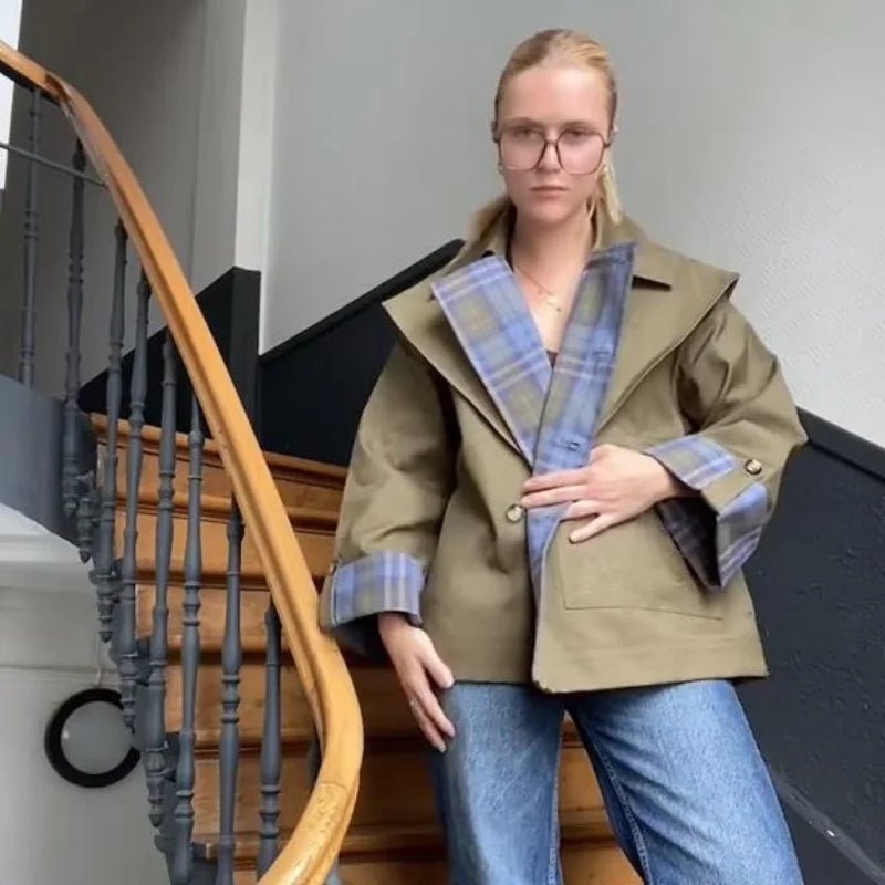 Chic Plaid Double Side Coats Women Lapel Single Breasted Long Sleeve Pocket Lace Up Jacket 2025 Autumn Lady Casual Outwear New - American Thistle Chic Plaid Double Side Coats Women Lapel Single Breasted Long Sleeve Pocket Lace Up Jacket 2025 Autumn Lady Casual Outwear New