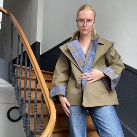 Chic Plaid Double Side Coats Women Lapel Single Breasted Long Sleeve Pocket Lace Up Jacket 2025 Autumn Lady Casual Outwear New - American Thistle Chic Plaid Double Side Coats Women Lapel Single Breasted Long Sleeve Pocket Lace Up Jacket 2025 Autumn Lady Casual Outwear New