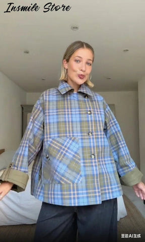 Chic Plaid Double Side Coats Women Lapel Single Breasted Long Sleeve Pocket Lace Up Jacket 2025 Autumn Lady Casual Outwear New - American Thistle Chic Plaid Double Side Coats Women Lapel Single Breasted Long Sleeve Pocket Lace Up Jacket 2025 Autumn Lady Casual Outwear New