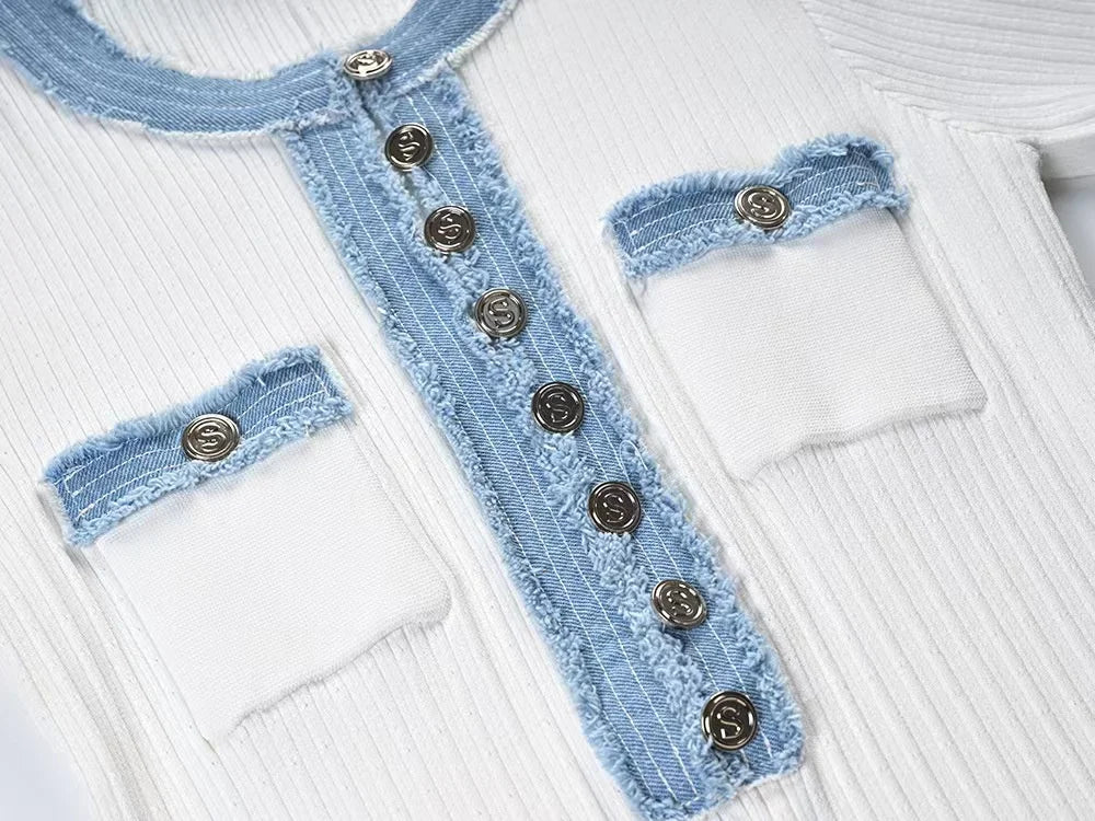 Chic Short Sleeve Elegant Contrasting Women Knit Maxi Dress Bodycon with Buttons - American Thistle Chic Short Sleeve Elegant Contrasting Women Knit Maxi Dress Bodycon with Buttons