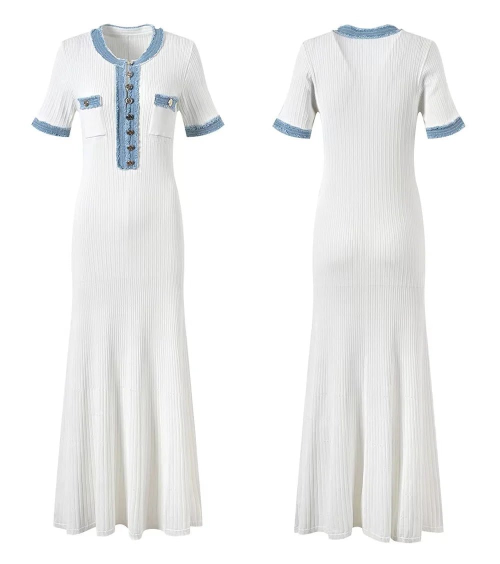 Chic Short Sleeve Elegant Contrasting Women Knit Maxi Dress Bodycon with Buttons - American Thistle Chic Short Sleeve Elegant Contrasting Women Knit Maxi Dress Bodycon with Buttons