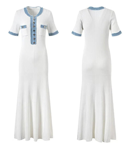 Chic Short Sleeve Elegant Contrasting Women Knit Maxi Dress Bodycon with Buttons - American Thistle Chic Short Sleeve Elegant Contrasting Women Knit Maxi Dress Bodycon with Buttons