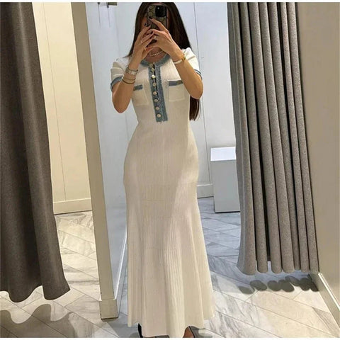 Chic Short Sleeve Elegant Contrasting Women Knit Maxi Dress Bodycon with Buttons - American Thistle Chic Short Sleeve Elegant Contrasting Women Knit Maxi Dress Bodycon with Buttons
