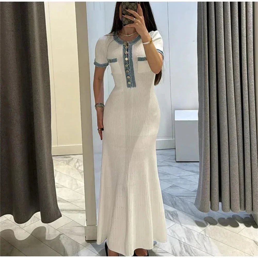Chic Short Sleeve Elegant Contrasting Women Knit Maxi Dress Bodycon with Buttons - American Thistle Chic Short Sleeve Elegant Contrasting Women Knit Maxi Dress Bodycon with Buttons