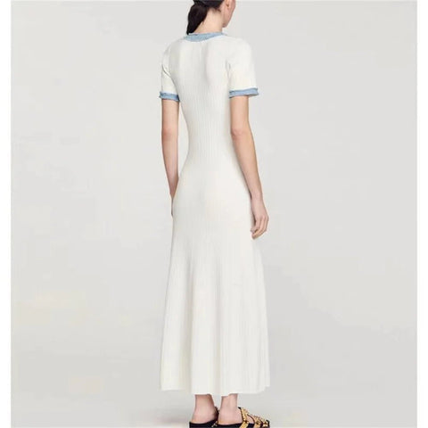 Chic Short Sleeve Elegant Contrasting Women Knit Maxi Dress Bodycon with Buttons - American Thistle Chic Short Sleeve Elegant Contrasting Women Knit Maxi Dress Bodycon with Buttons