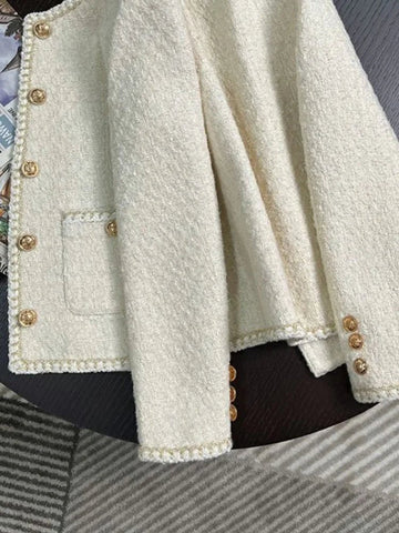 Chic White Tweed Jackets Women Long Sleeve Sweet Coat - American Thistle Chic White Tweed Jackets Women Long Sleeve Sweet Coat