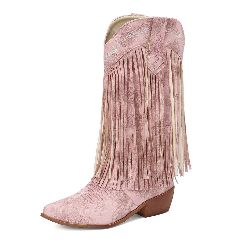 Cowboy Boots Shoes For Women Embroidery Tassel Chunky Heels Pointed Toe Pink Western Boots Fashion Slip - on Wedge Boots Female - American ThistleCowboy Boots Shoes For Women Embroidery Tassel Chunky Heels Pointed Toe Pink Western Boots Fashion Slip - on Wedge Boots Female