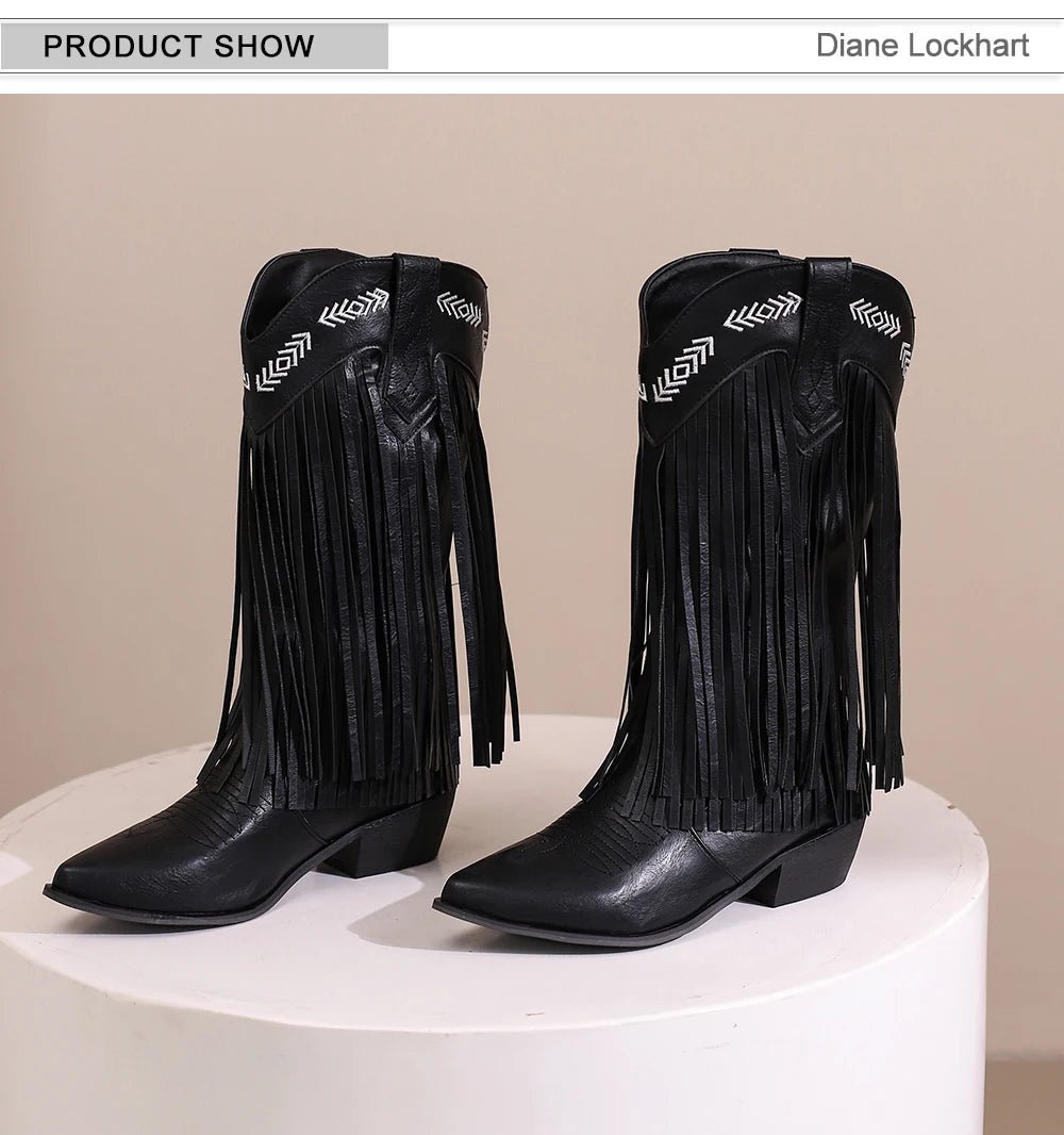 Cowboy Boots Shoes For Women Embroidery Tassel Chunky Heels Pointed Toe Pink Western Boots Fashion Slip - on Wedge Boots Female - American ThistleCowboy Boots Shoes For Women Embroidery Tassel Chunky Heels Pointed Toe Pink Western Boots Fashion Slip - on Wedge Boots Female