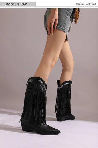 Cowboy Boots Shoes For Women Embroidery Tassel Chunky Heels Pointed Toe Pink Western Boots Fashion Slip - on Wedge Boots Female - American ThistleCowboy Boots Shoes For Women Embroidery Tassel Chunky Heels Pointed Toe Pink Western Boots Fashion Slip - on Wedge Boots Female