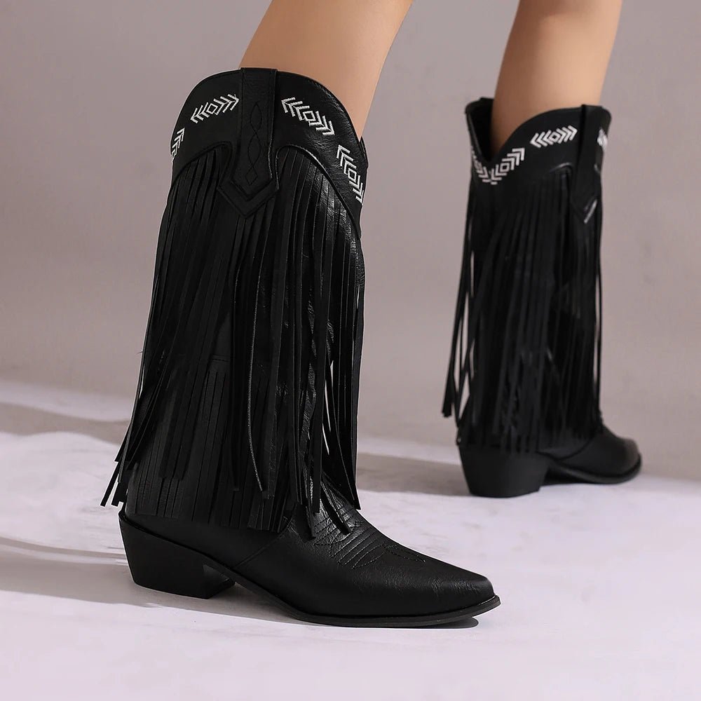 Cowboy Boots Shoes For Women Embroidery Tassel Chunky Heels Pointed Toe Pink Western Boots Fashion Slip - on Wedge Boots Female - American ThistleCowboy Boots Shoes For Women Embroidery Tassel Chunky Heels Pointed Toe Pink Western Boots Fashion Slip - on Wedge Boots Female