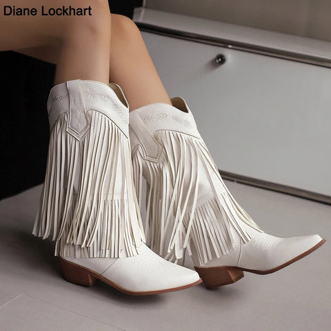 Cowboy Boots Shoes For Women Embroidery Tassel Chunky Heels Pointed Toe Pink Western Boots Fashion Slip - on Wedge Boots Female - American ThistleCowboy Boots Shoes For Women Embroidery Tassel Chunky Heels Pointed Toe Pink Western Boots Fashion Slip - on Wedge Boots Female