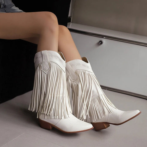 Cowboy Boots Shoes For Women Embroidery Tassel Chunky Heels Pointed Toe Pink Western Boots Fashion Slip - on Wedge Boots Female - American ThistleCowboy Boots Shoes For Women Embroidery Tassel Chunky Heels Pointed Toe Pink Western Boots Fashion Slip - on Wedge Boots Female