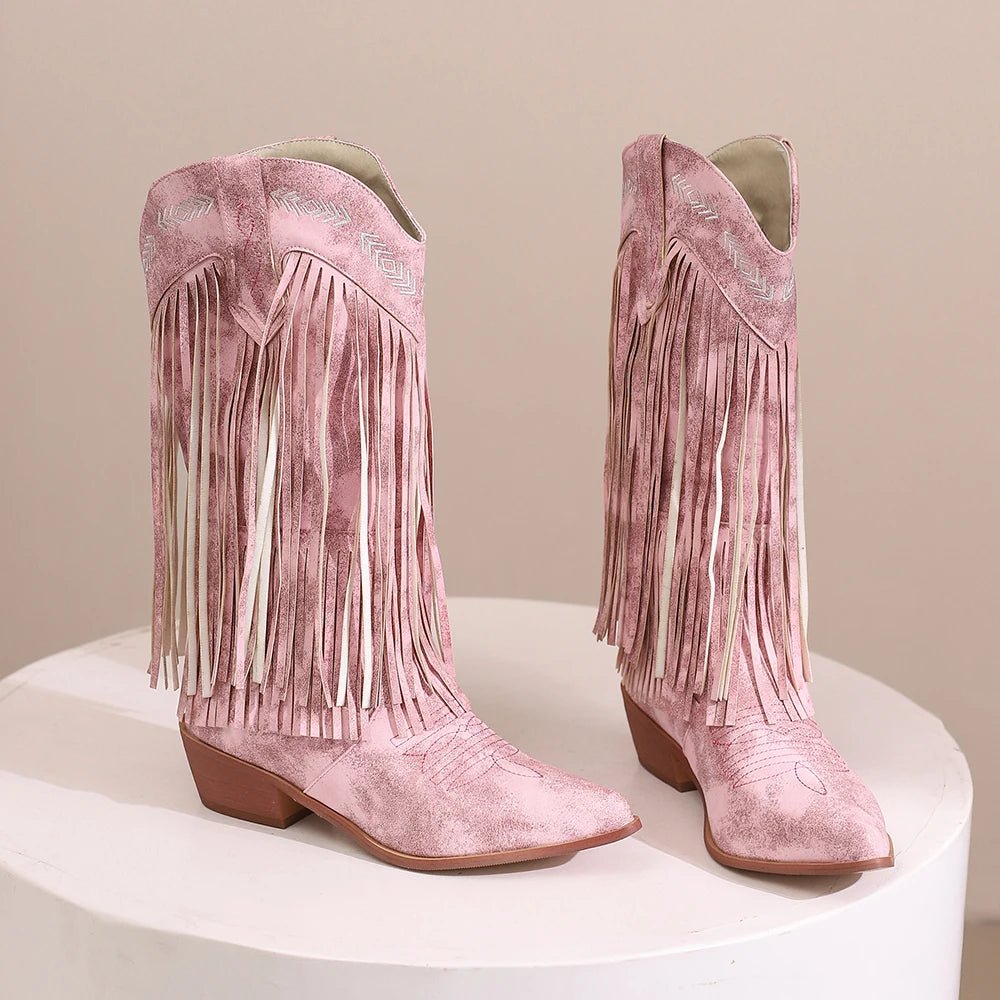 Cowboy Boots Shoes For Women Embroidery Tassel Chunky Heels Pointed Toe Pink Western Boots Fashion Slip - on Wedge Boots Female - American ThistleCowboy Boots Shoes For Women Embroidery Tassel Chunky Heels Pointed Toe Pink Western Boots Fashion Slip - on Wedge Boots Female