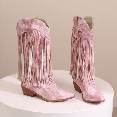 Cowboy Boots Shoes For Women Embroidery Tassel Chunky Heels Pointed Toe Pink Western Boots Fashion Slip - on Wedge Boots Female - American ThistleCowboy Boots Shoes For Women Embroidery Tassel Chunky Heels Pointed Toe Pink Western Boots Fashion Slip - on Wedge Boots Female
