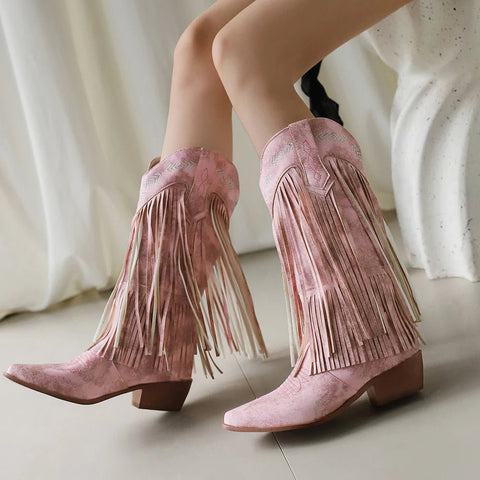 Cowboy Boots Shoes For Women Embroidery Tassel Chunky Heels Pointed Toe Pink Western Boots Fashion Slip - on Wedge Boots Female - American ThistleCowboy Boots Shoes For Women Embroidery Tassel Chunky Heels Pointed Toe Pink Western Boots Fashion Slip - on Wedge Boots Female