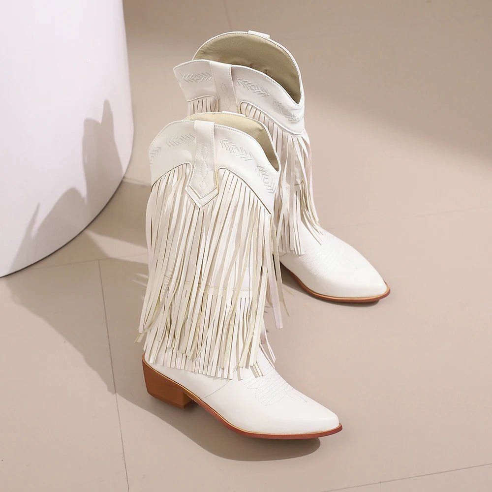 Cowboy Boots Shoes For Women Embroidery Tassel Chunky Heels Pointed Toe Pink Western Boots Fashion Slip - on Wedge Boots Female - American ThistleCowboy Boots Shoes For Women Embroidery Tassel Chunky Heels Pointed Toe Pink Western Boots Fashion Slip - on Wedge Boots Female
