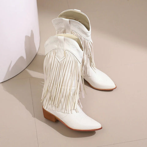 Cowboy Boots Shoes For Women Embroidery Tassel Chunky Heels Pointed Toe Pink Western Boots Fashion Slip - on Wedge Boots Female - American ThistleCowboy Boots Shoes For Women Embroidery Tassel Chunky Heels Pointed Toe Pink Western Boots Fashion Slip - on Wedge Boots Female