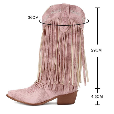 Cowboy Boots Shoes For Women Embroidery Tassel Chunky Heels Pointed Toe Pink Western Boots Fashion Slip - on Wedge Boots Female - American ThistleCowboy Boots Shoes For Women Embroidery Tassel Chunky Heels Pointed Toe Pink Western Boots Fashion Slip - on Wedge Boots Female