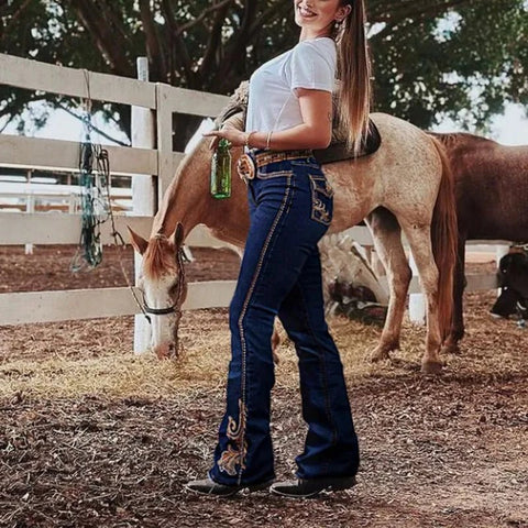 Cowgirl Boo - Cut Denim Jean Exquisite Embroidery Stretch & Comfortable Ladies Country Outfit Western Women - American Thistle Cowgirl Boo - Cut Denim Jean Exquisite Embroidery Stretch & Comfortable Ladies Country Outfit Western Women