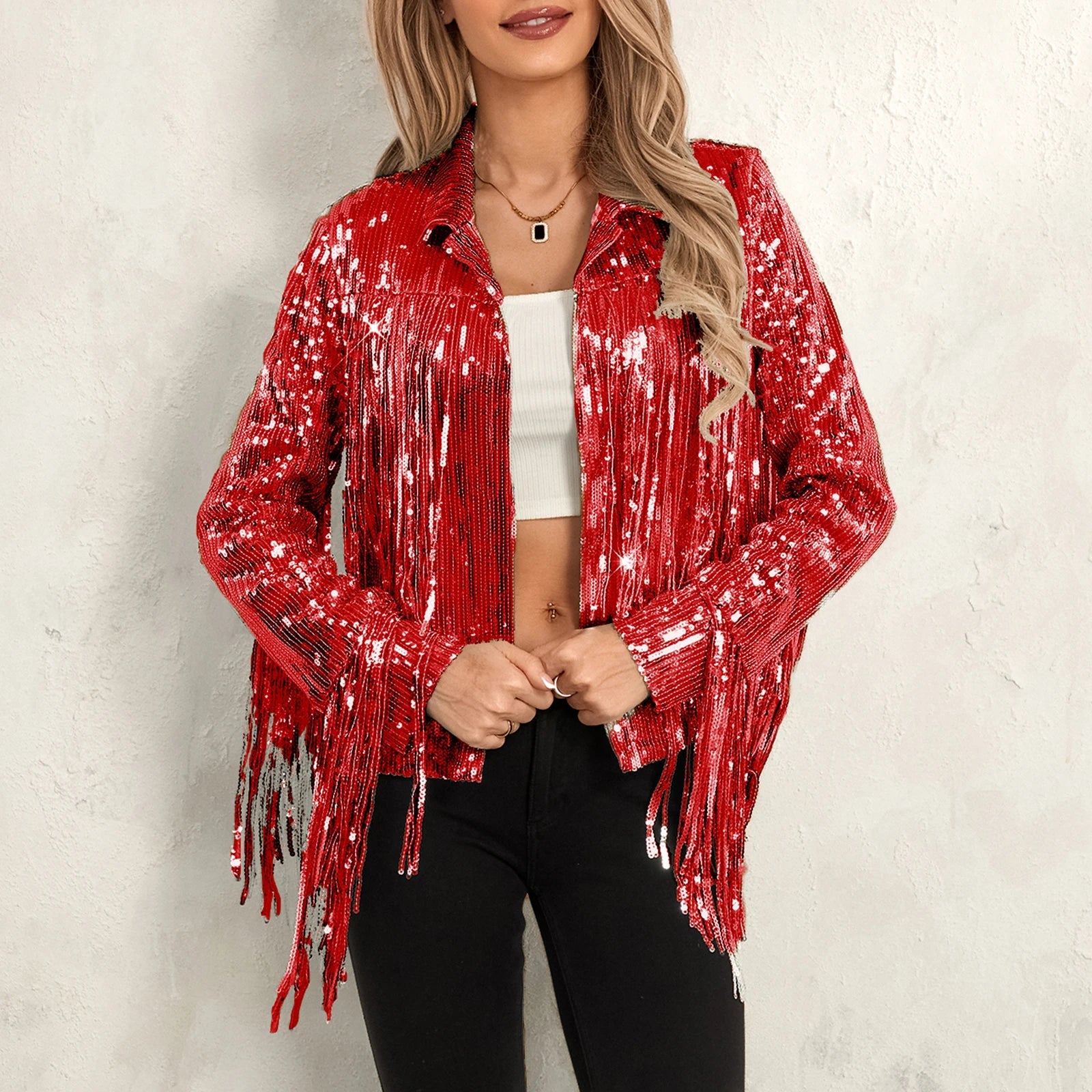 Cowgirl Jacket Lightweight Casual Sequin Tassels Party Long Sleeves Coat - American Thistle Cowgirl Jacket Lightweight Casual Sequin Tassels Party Long Sleeves Coat