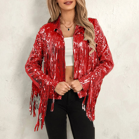 Cowgirl Jacket Lightweight Casual Sequin Tassels Party Long Sleeves Coat - American Thistle Cowgirl Jacket Lightweight Casual Sequin Tassels Party Long Sleeves Coat