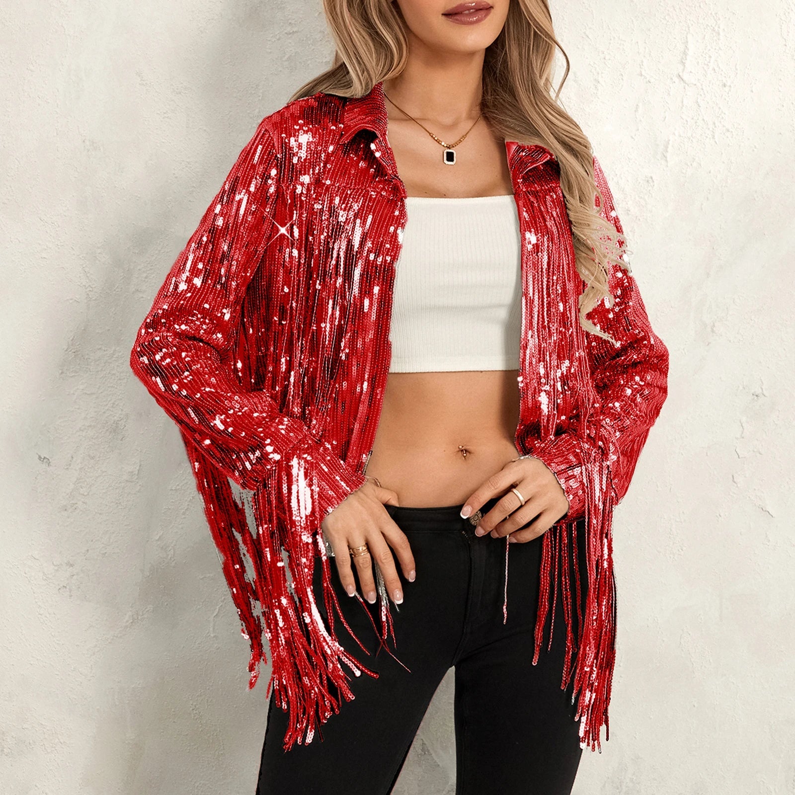 Cowgirl Jacket Lightweight Casual Sequin Tassels Party Long Sleeves Coat - American Thistle Cowgirl Jacket Lightweight Casual Sequin Tassels Party Long Sleeves Coat