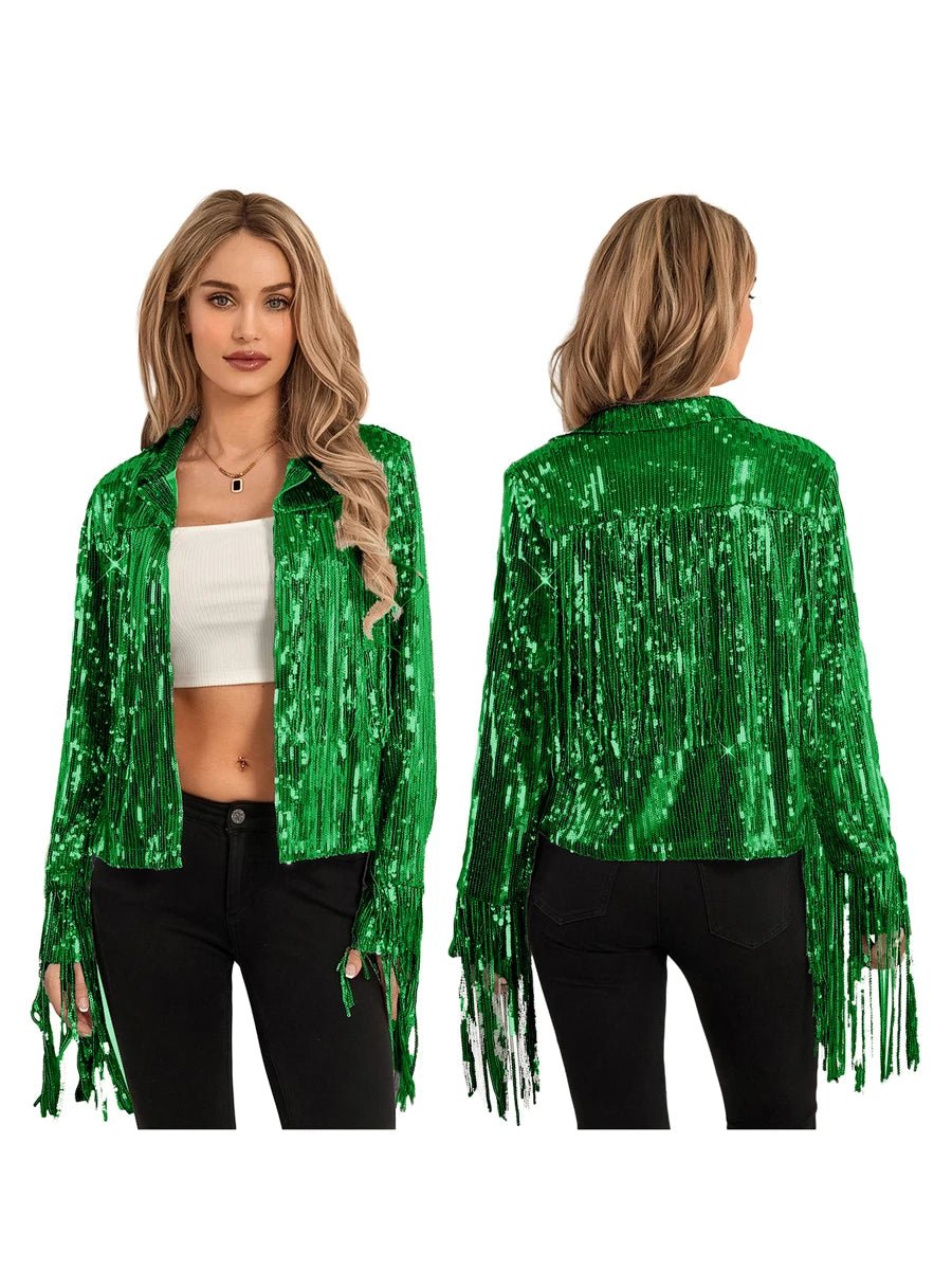Cowgirl Jacket Lightweight Casual Sequin Tassels Party Long Sleeves Coat - American Thistle Cowgirl Jacket Lightweight Casual Sequin Tassels Party Long Sleeves Coat