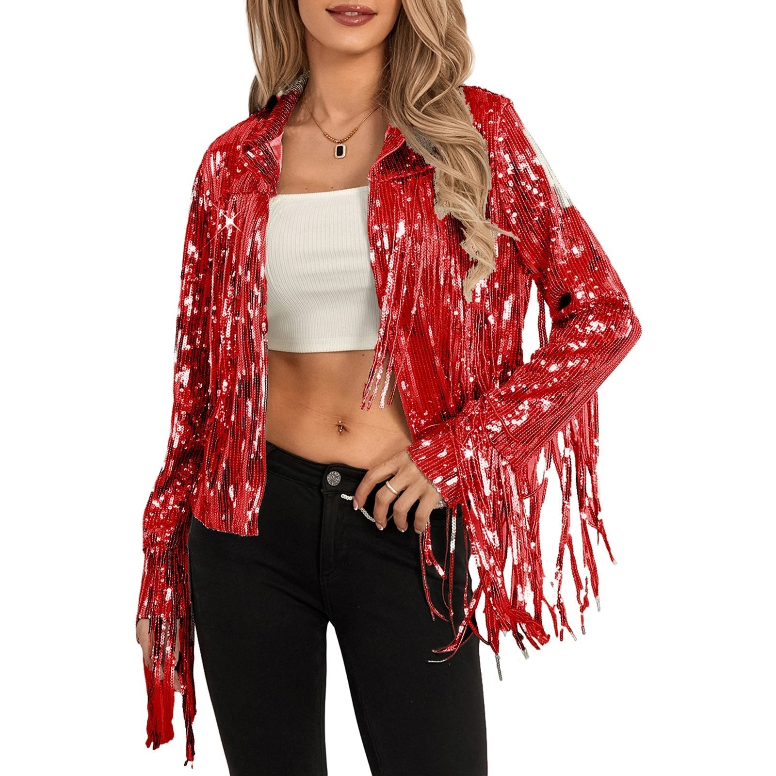 Cowgirl Jacket Lightweight Casual Sequin Tassels Party Long Sleeves Coat - American Thistle Cowgirl Jacket Lightweight Casual Sequin Tassels Party Long Sleeves Coat