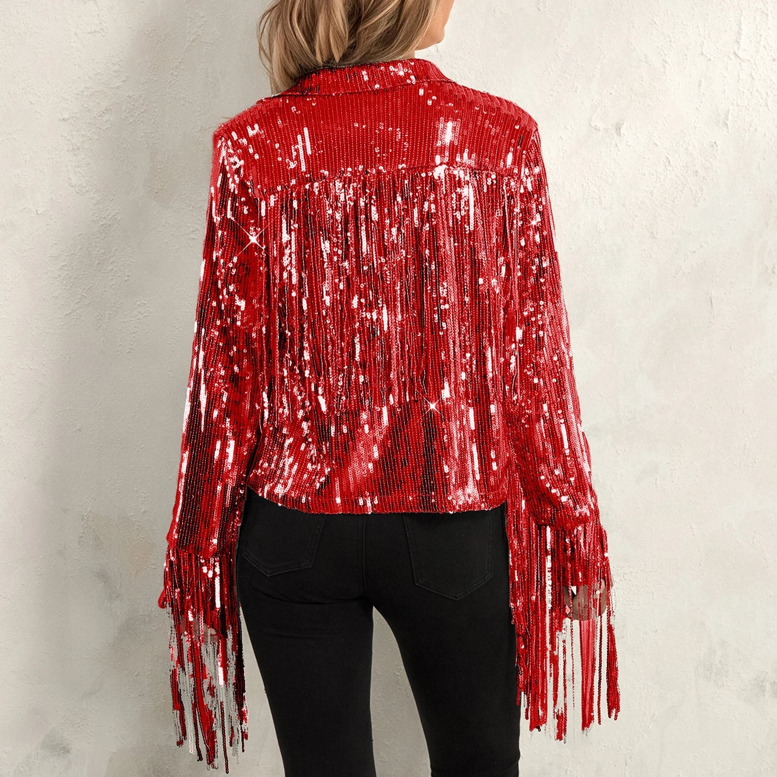 Cowgirl Jacket Lightweight Casual Sequin Tassels Party Long Sleeves Coat - American Thistle Cowgirl Jacket Lightweight Casual Sequin Tassels Party Long Sleeves Coat