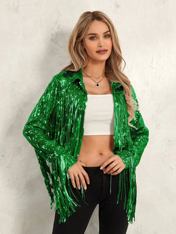 Cowgirl Jacket Lightweight Casual Sequin Tassels Party Long Sleeves Coat - American Thistle Cowgirl Jacket Lightweight Casual Sequin Tassels Party Long Sleeves Coat