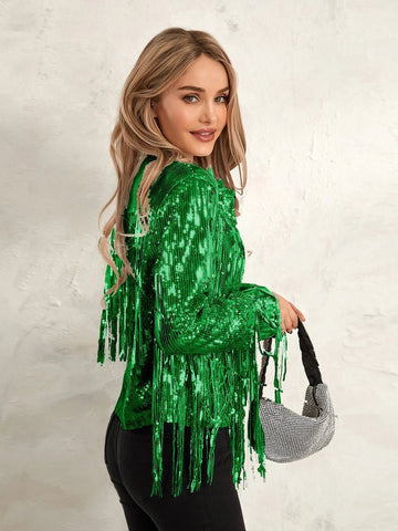 Cowgirl Jacket Lightweight Casual Sequin Tassels Party Long Sleeves Coat - American Thistle Cowgirl Jacket Lightweight Casual Sequin Tassels Party Long Sleeves Coat