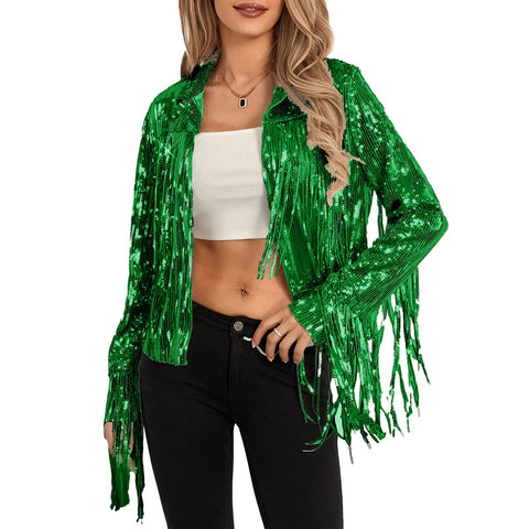 Cowgirl Jacket Lightweight Casual Sequin Tassels Party Long Sleeves Coat - American Thistle Cowgirl Jacket Lightweight Casual Sequin Tassels Party Long Sleeves Coat