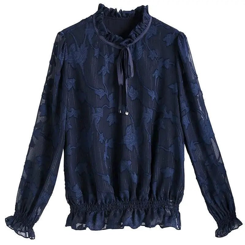 Deep Blue Chiffon Long - Sleeve Blouse Women Top - American Thistle Deep Blue Chiffon Long - Sleeve Blouse Women Top