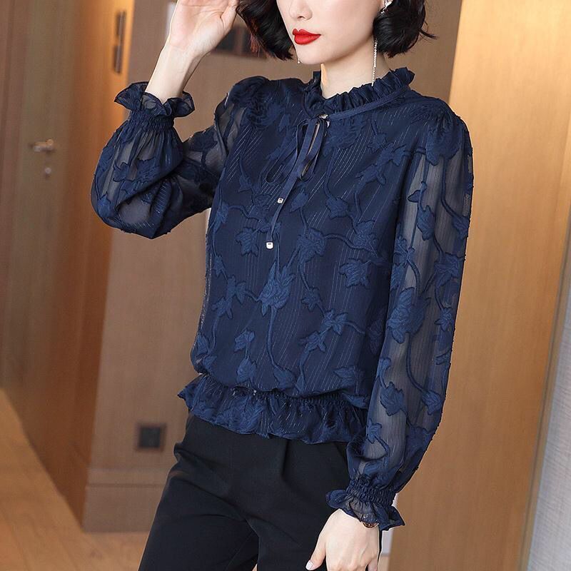Deep Blue Chiffon Long - Sleeve Blouse Women Top - American Thistle Deep Blue Chiffon Long - Sleeve Blouse Women Top