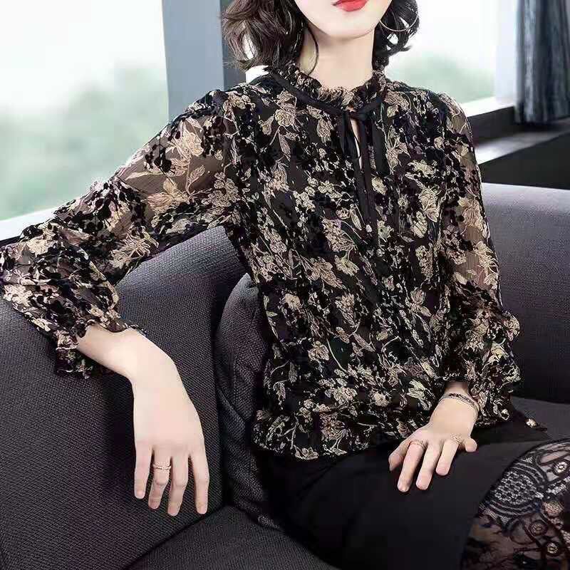 Deep Blue Chiffon Long - Sleeve Blouse Women Top - American Thistle Deep Blue Chiffon Long - Sleeve Blouse Women Top