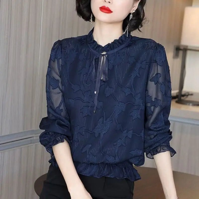 Deep Blue Chiffon Long - Sleeve Blouse Women Top - American Thistle Deep Blue Chiffon Long - Sleeve Blouse Women Top