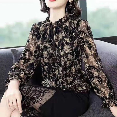 Deep Blue Chiffon Long - Sleeve Blouse Women Top - American Thistle Deep Blue Chiffon Long - Sleeve Blouse Women Top