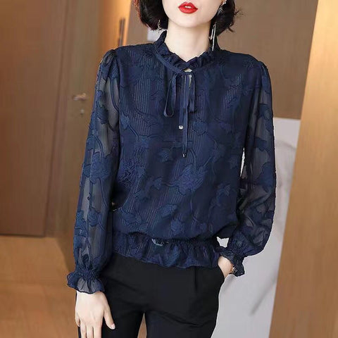Deep Blue Chiffon Long - Sleeve Blouse Women Top - American Thistle Deep Blue Chiffon Long - Sleeve Blouse Women Top