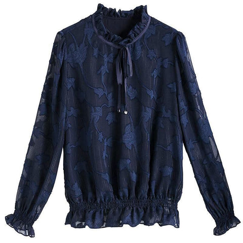 Deep Blue Chiffon Long - Sleeve Blouse Women Top - American Thistle Deep Blue Chiffon Long - Sleeve Blouse Women Top