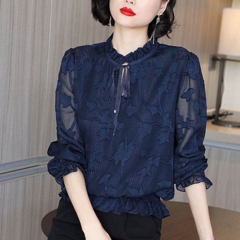 Deep Blue Chiffon Long - Sleeve Blouse Women Top - American Thistle Deep Blue Chiffon Long - Sleeve Blouse Women Top