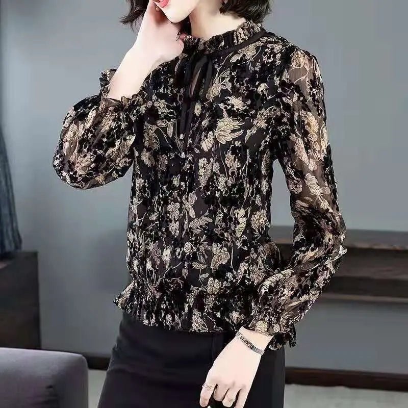 Deep Blue Chiffon Long - Sleeve Blouse Women Top - American Thistle Deep Blue Chiffon Long - Sleeve Blouse Women Top