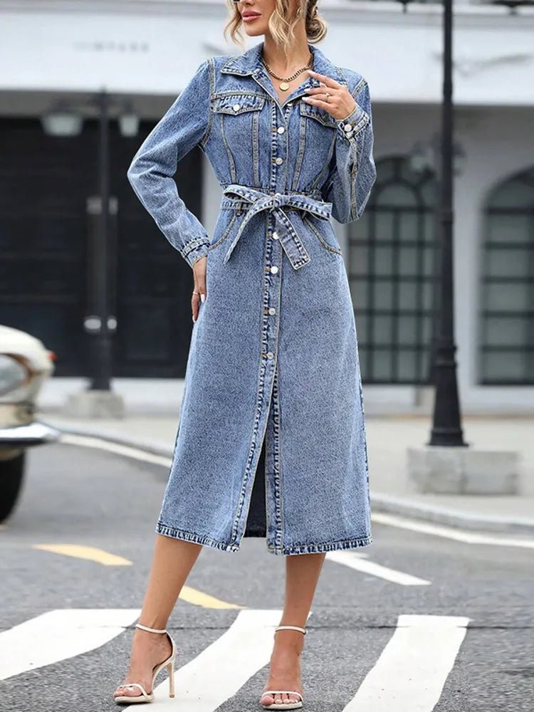 Denim Dresses Midi Length Dress Women Slim Fit Streetwear Turn Down Collar Elegant Long - American ThistleDenim Dresses Midi Length Dress Women Slim Fit Streetwear Turn Down Collar Elegant Long