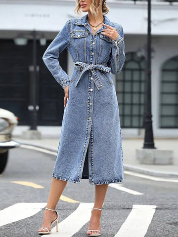Denim Dresses Midi Length Dress Women Slim Fit Streetwear Turn Down Collar Elegant Long - American ThistleDenim Dresses Midi Length Dress Women Slim Fit Streetwear Turn Down Collar Elegant Long