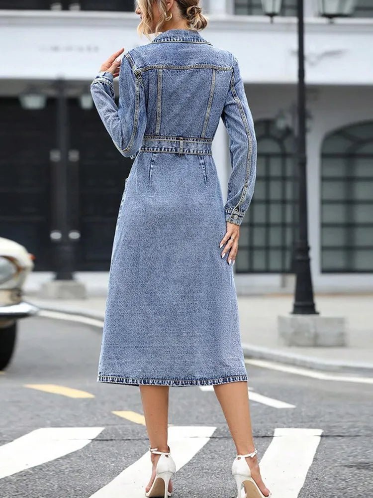 Denim Dresses Midi Length Dress Women Slim Fit Streetwear Turn Down Collar Elegant Long - American ThistleDenim Dresses Midi Length Dress Women Slim Fit Streetwear Turn Down Collar Elegant Long