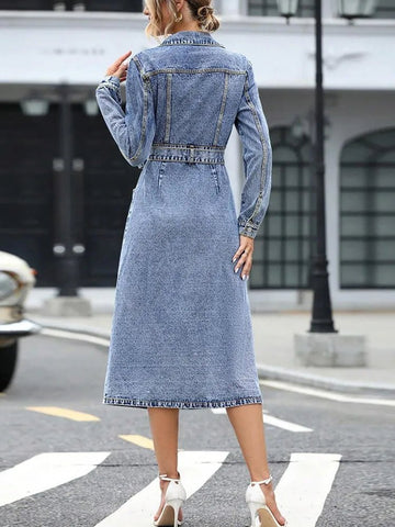 Denim Dresses Midi Length Dress Women Slim Fit Streetwear Turn Down Collar Elegant Long - American ThistleDenim Dresses Midi Length Dress Women Slim Fit Streetwear Turn Down Collar Elegant Long