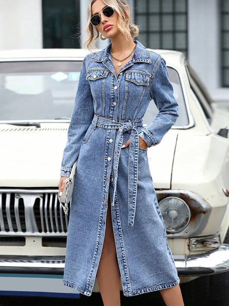 Denim Dresses Midi Length Dress Women Slim Fit Streetwear Turn Down Collar Elegant Long - American ThistleDenim Dresses Midi Length Dress Women Slim Fit Streetwear Turn Down Collar Elegant Long