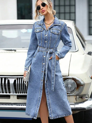 Denim Dresses Midi Length Dress Women Slim Fit Streetwear Turn Down Collar Elegant Long - American ThistleDenim Dresses Midi Length Dress Women Slim Fit Streetwear Turn Down Collar Elegant Long
