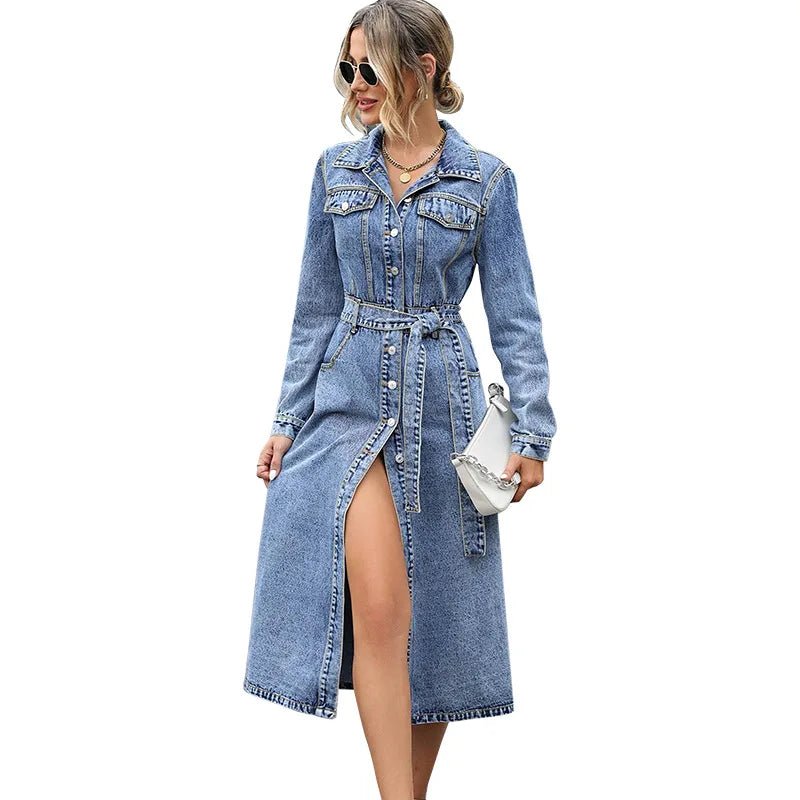 Denim Dresses Midi Length Dress Women Slim Fit Streetwear Turn Down Collar Elegant Long - American ThistleDenim Dresses Midi Length Dress Women Slim Fit Streetwear Turn Down Collar Elegant Long