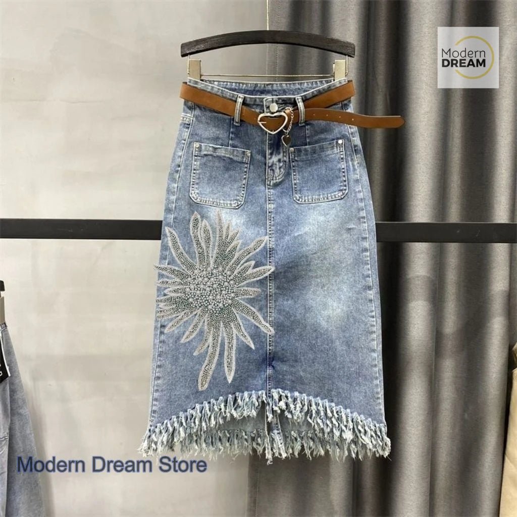 Denim Skirt with Tassels - American Thistle Denim Skirt with Tassels